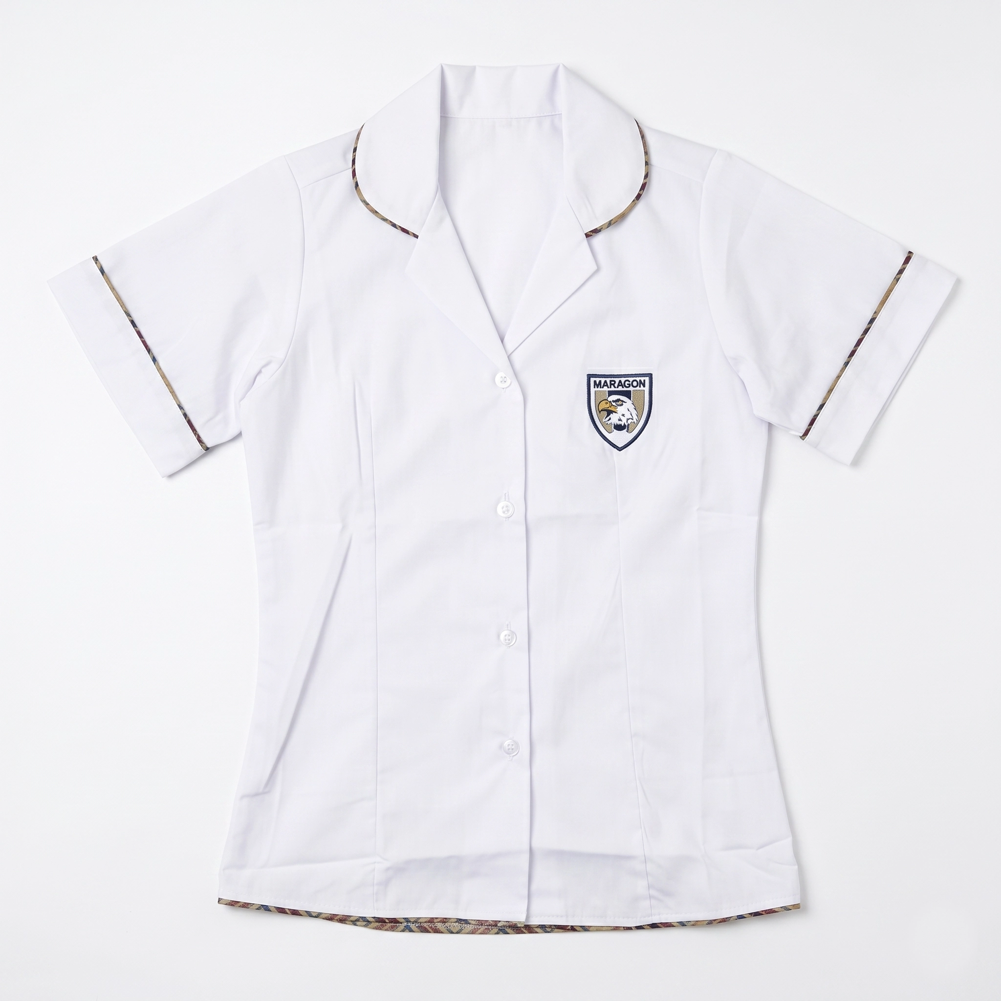 White Blouse Tartan Piping High School Girls Short Sleeve Blouse - Image 1